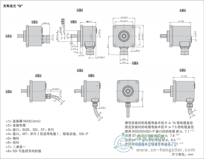 AC58-Interbus標(biāo)準(zhǔn)光電絕對(duì)值型編碼器外形及安裝尺寸(方形法蘭Q) 德國(guó)hengstler(亨士樂(lè))編碼器